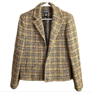 JONES NEW YORK TWEED OPEN BLAZER WOOL YELLOW BLUE PLAID WOMENS PETITE SIZE 12